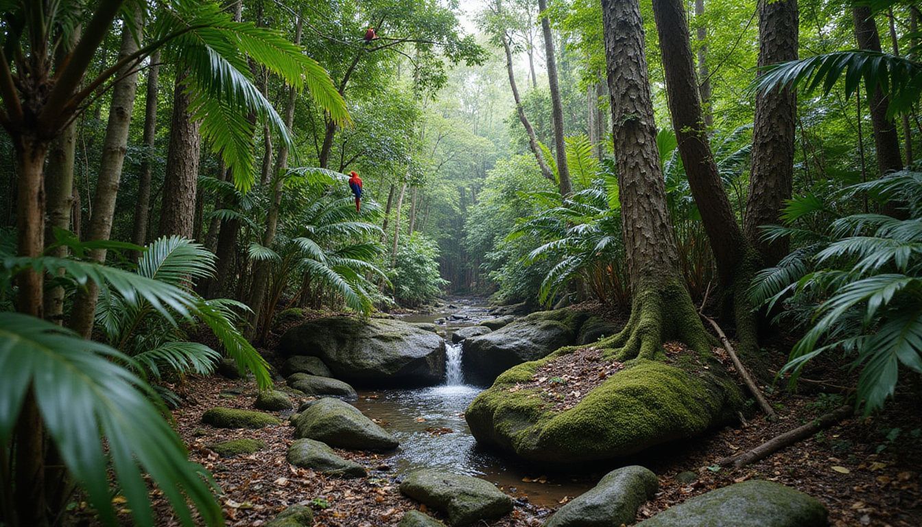 Lush Dominican Republic rainforest with vibrant wildlife and cascading waterfall.