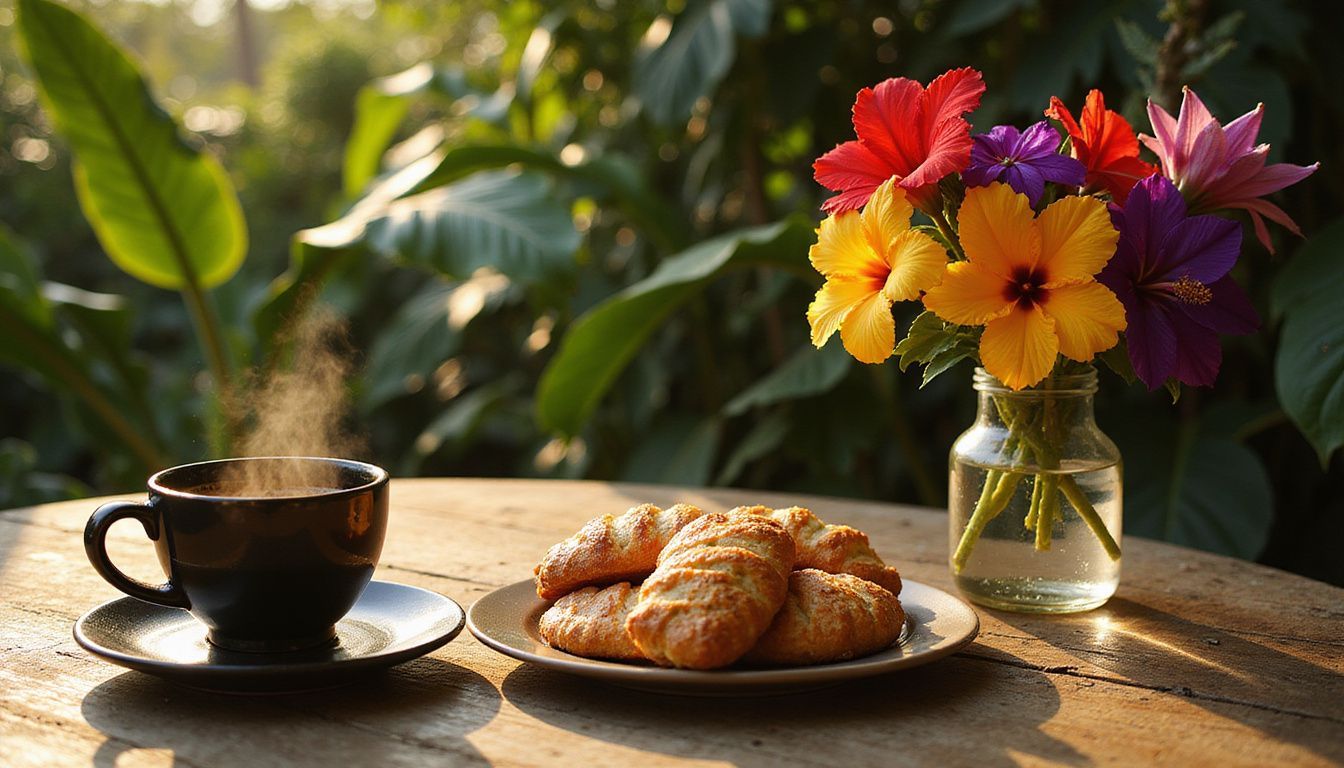 A serene morning scene with coffee, pastries, and tropical flowers.